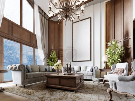 Große Sitzecke mit hohen Decken und Holzvertäfelung im amerikanischen Stil an den Wänden und ein großes Fenster zur Decke. 3D-Darstellung.