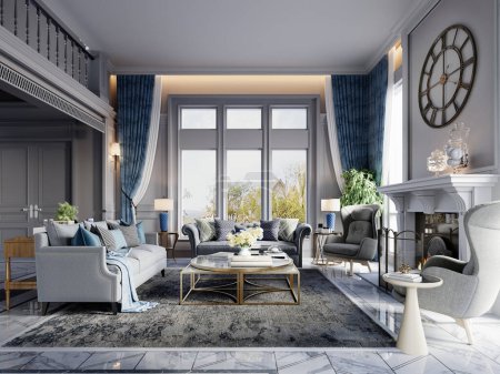 Wohnzimmer im klassischen Stil mit klassischen Polstermöbeln im Interieur in weiß und blau. 3D-Darstellung.