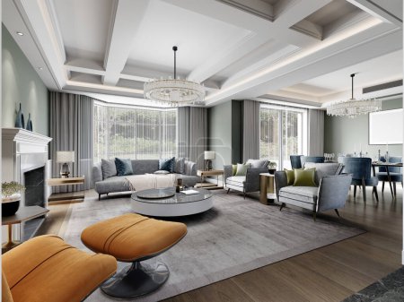 Luxuriöses modernes Wohnzimmer mit klassischen Elementen mit modernen Designermöbeln und Wänden in Pistazienfarbe. 3D-Darstellung.