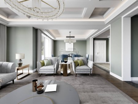 Téléchargez les photos : Luxueux salon moderne avec des éléments classiques avec des meubles modernes design et des murs en couleur pistache. Rendu 3d. - en image libre de droit
