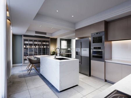 Weiße Kücheninsel in einer modernen Küche mit einer großen Glasanrichte mit Geschirr und Küchenmöbeln in braun. 3D-Darstellung.