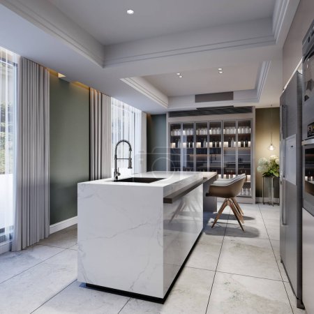 Weiße Kücheninsel in einer modernen Küche mit einer großen Glasanrichte mit Geschirr und Küchenmöbeln in braun. 3D-Darstellung.