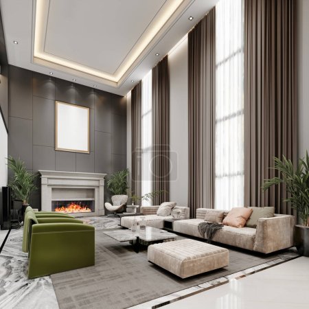 Luxurious living room with high ceilings and large windows and a second floor with colorful designer upholstered furniture in green and white. 3d rendering.