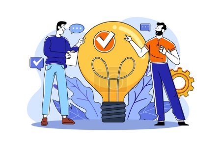 Illustration for Two guys came up with an idea by pointing at a big light bulb - Royalty Free Image
