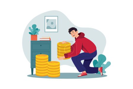 Illustration for Man carries a stack of coins Illustration concept. A flat illustration isolated on white background - Royalty Free Image
