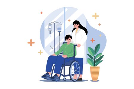 Téléchargez les illustrations : Nurse Helping Handicapped Man Illustration concept. Une illustration plate isolée sur fond blanc - en licence libre de droit