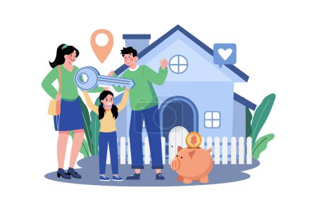 Téléchargez les illustrations : Joyeux famille debout devant une nouvelle maison - en licence libre de droit