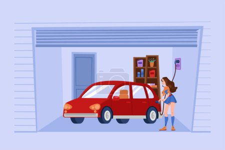 Téléchargez les illustrations : Woman Charging an electric car at home - en licence libre de droit