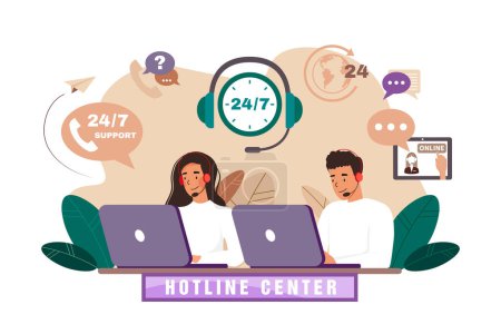 Illustration for Call center agent with headset working on the support hotline - Royalty Free Image