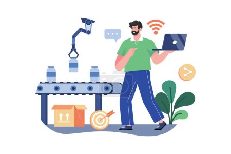 Ilustración de Trabajador que usa Wi-Fi desde el ordenador portátil que controla las líneas transportadoras de fábrica automática - Imagen libre de derechos