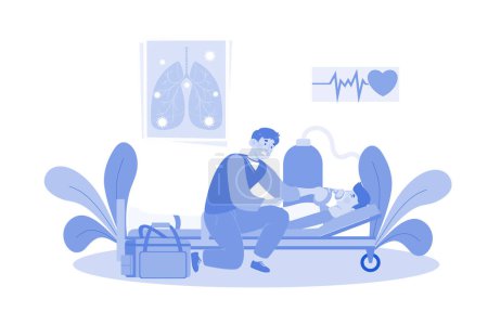 Téléchargez les illustrations : Un médecin aide les patients à respirer Difficultés - en licence libre de droit