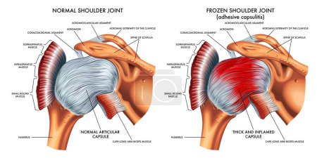 Medizinische Illustration zeigt den Unterschied zwischen einem normalen Schultergelenk und einem gefrorenen Schultergelenk, mit Anmerkungen.