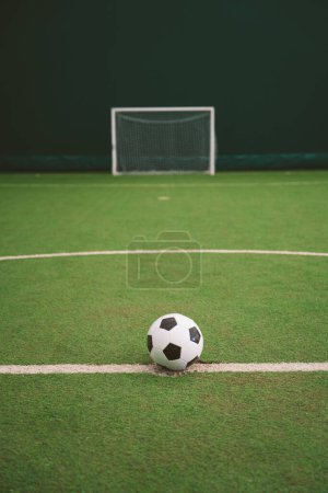 Photo for Image of a soccer ball on the line. soccer freestyle player making tricks with the ball on a artificial grass court indoor. Concept about sport and people lifestyle - Royalty Free Image