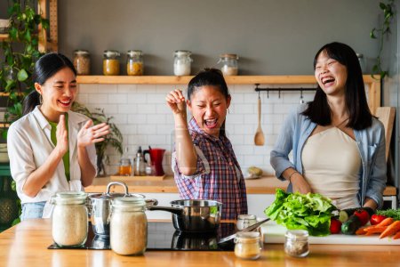 Téléchargez les photos : Bonnes amies chinoises heureuses se lient à la maison et cuisinent de délicieux repas ensemble- Jolies adultes asiatiques ludiques se rencontrent et s'amusent à la maison, concepts sur le mode de vie, la vie domestique et l'amitié - en image libre de droit