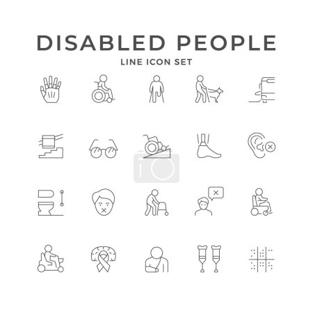Illustration for Set line icons of disabled people isolated on white. Public transport with accessible ramp, braille, person with physical or mental disability, prosthesis, eyeglasses for blind. Vector illustration - Royalty Free Image