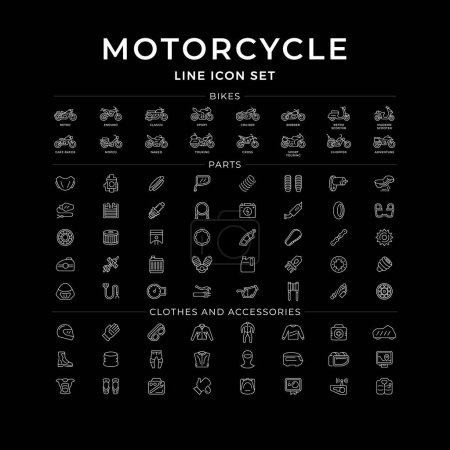 Ilustración de Establecer iconos de línea de piezas de motocicleta, ropa y accesorios aislados en negro. Diferentes tipos de moto. Equipo de motociclista. Ilustración vectorial - Imagen libre de derechos