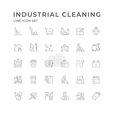 Ilustración de Establezca iconos de línea de limpieza industrial aislados en blanco. Aspiradora, guante protector, desinfección, cubo de basura, trabajador, piso limpio. Ilustración vectorial - Imagen libre de derechos