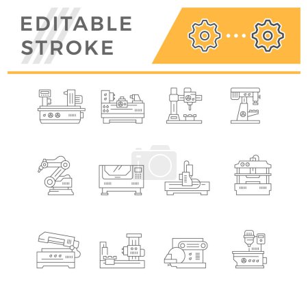 Illustration for Set line icons of machine tool isolated on white. Heavy industrial equipment, metalworking, metal or steel processing, engineering. Editable stroke. Vector illustration - Royalty Free Image