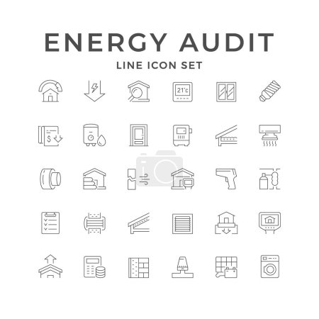 Téléchargez les illustrations : Set line icons of energy audit isolated on white. Pipe and roof insulation, boiler, recuperator, calculating, ventilation, reduction of power consumption, house inspection. Vector illustration - en licence libre de droit