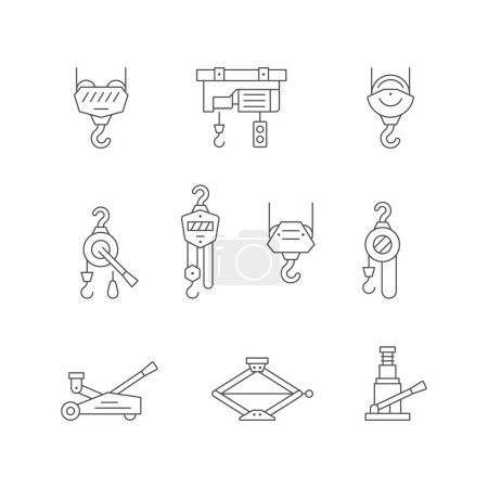 Ilustración de Establezca iconos de línea de equipos de elevación aislados en blanco. Torno eléctrico, polipasto de mano, gancho de grúa, gato de coche. Ilustración vectorial - Imagen libre de derechos