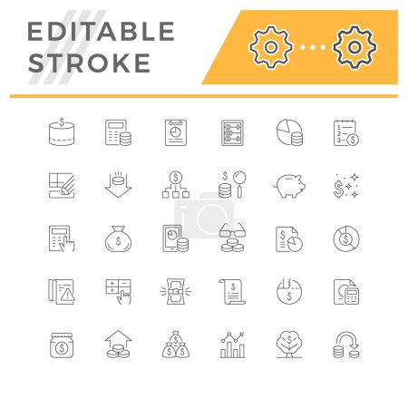 Set line outline icons of budget isolated on white. Money calculation, sack, home finance, moneybox, tax. Editable stroke. Vector illustration Poster 647170370