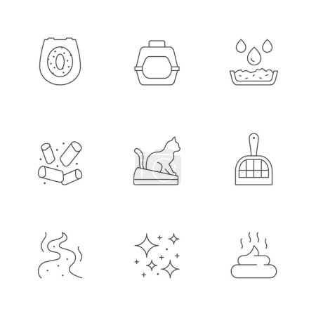 Illustration for Set line icons of cat toilet isolated on white. Litter scoop, domestic animal poo, purity, stink, wood pellet absorbent. Vector illustration - Royalty Free Image