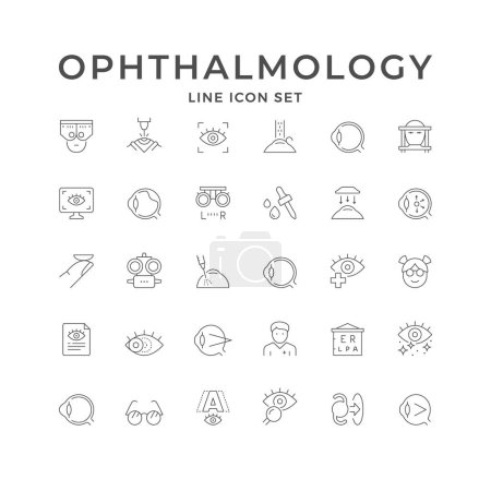 Illustration for Set line icons of ophthalmology isolated on white. Retinal detachment, keratoconus, cataract, eye test equipment, ophthalmologist microscope, contact lenses, strabismus. Vector illustration - Royalty Free Image
