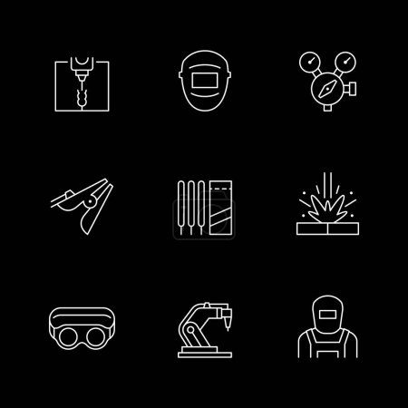 Set line icons of welding isolated on black. Robotic equipment, protective goggles and mask, electrode, clamp, welder. Vector illustration