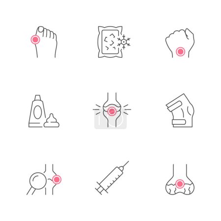 Illustration for Set color icons of joint pain isolated on white. Arthritis, rheumatism, osteoporosis, wrist ache, orthopedic problem, bunion, ointment, knee brace, injection, bone examination. Vector illustration - Royalty Free Image