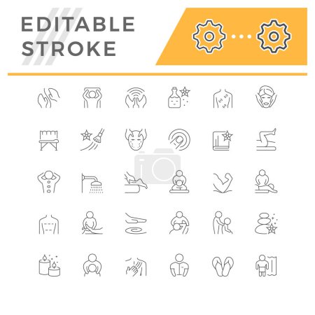 Set line icons of massage isolated on white. Candle, shower, spa procedure, towel, body relax. Editable stroke. Vector illustration