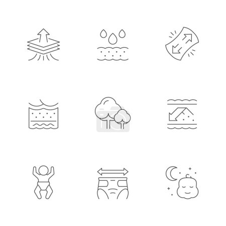 Illustration for Set line icons of diaper isolated on white. Stretch material, multilayered, leakage protection, absorbent, breathable, newborn hygiene, toddler, cotton. Vector illustration - Royalty Free Image