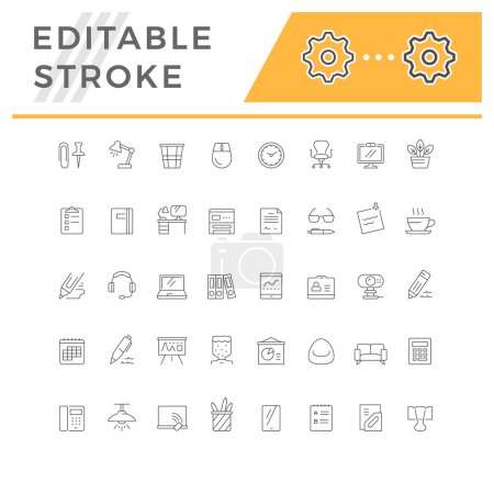 Set line icons of workspace isolated on white. Stationery, clipboard, printer, phone, notebook, marker, headset, coffee, office equipment. Editable stroke. Vector illustration Poster 659125406