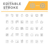 Set line icons of workspace isolated on white. Stationery, clipboard, printer, phone, notebook, marker, headset, coffee, office equipment. Editable stroke. Vector illustration Poster #659125406
