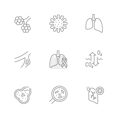 Illustration for Lung disease line outline icon isolated on white. Infection or bacteria, alveoli, pulmonary embolus, breathing, respiratory virus, pneumothorax. Vector illustration - Royalty Free Image