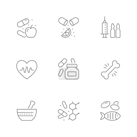 Téléchargez les illustrations : Définir des icônes de ligne de vitamine isolée sur blanc. Supplément, mortier, santé cardiaque et osseuse, huile de poisson, complexe minéral. Illustration vectorielle - en licence libre de droit