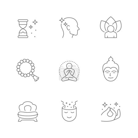 Illustration for Set line icons of meditation isolated on white. Chair, time, rosary or mala beads, Buddha, hand pose, yoga, asana, enlightenment, wellness, relaxation, lotus pose, zen. Vector illustration - Royalty Free Image