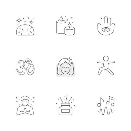 Ilustración de Establezca iconos de línea de meditación aislados en blanco. Cerebro, palitos de aroma, om, namaste, yoga, asana, iluminación, bienestar, música, relajación, mano de hamsa, zen. Ilustración vectorial - Imagen libre de derechos