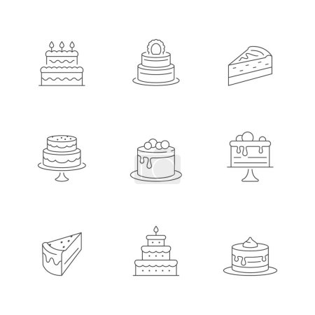 Téléchargez les illustrations : Définir des icônes de ligne de gâteau isolé sur blanc. Boulangerie, dessert, part de tarte, pâtisserie. Illustration vectorielle - en licence libre de droit