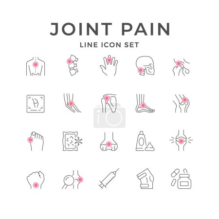 Illustration for Set line icons of joint pain with red points isolated on white. Arthritis, rheumatism, osteoporosis, backache, orthopedic problem, bunion. Vector illustration - Royalty Free Image