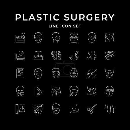 Illustration for Set line icons of plastic surgery isolated on black. Facelift, penis enlargement, rhinoplasty, anti age procedure, hair transplantation, medical recovery, cosmetology injection. Vector illustration - Royalty Free Image