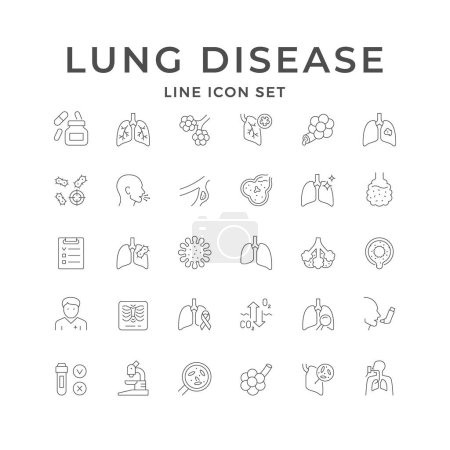 Illustration for Lung disease line outline icon isolated on white. Infection or bacteria, pulmonary embolus, pneumonia, inhaler, medical test, copd, screening, cough, alveoli, respiratory virus. Vector illustration - Royalty Free Image