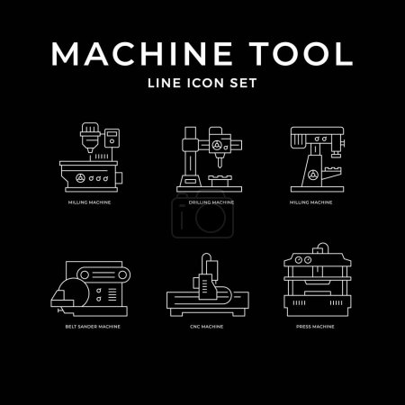 Illustration for Set line icons of machine tool isolated on black. Heavy industrial equipment, metalworking, metal processing, engineering. Vector illustration - Royalty Free Image
