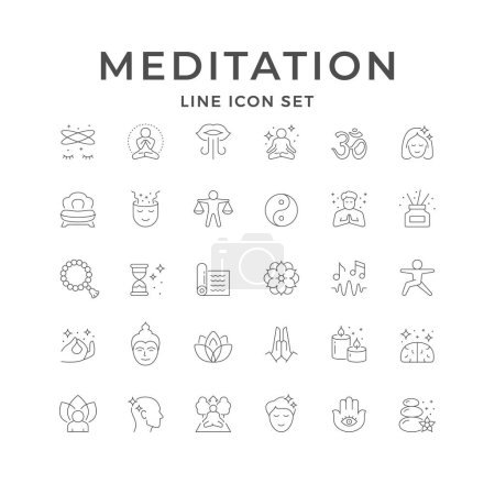 Set line icons of meditation isolated on white. Chair, time, rosary, Buddha, hand pose, yoga, asana, enlightenment, yin yang, om, namaste, wellness relaxation lotus pose zen Vector illustration