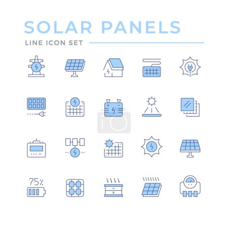 Téléchargez les illustrations : Définir des icônes de ligne de couleur des panneaux solaires isolés sur blanc. Énergie solaire, source d'énergie renouvelable. Illustration vectorielle - en licence libre de droit