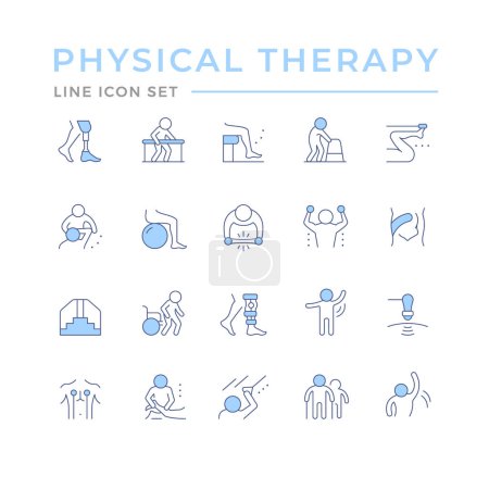 Establezca iconos de línea de color de fisioterapia aislados en blanco. Rehabilitación de salud, ejercicio de fisioterapia, recuperación de lesiones, masaje de asistencia fisioterapeuta. Ilustración vectorial