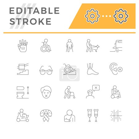 Illustration for Set line icons of disabled people isolated on white. Public transport with accessible ramp, braille, person with physical or mental disability, prosthesis. Editable stroke. Vector illustration - Royalty Free Image