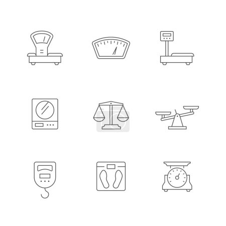 Set line icons of scales isolated on white. Retro libra, vintage balance, mass measurement tool, justice concept. Vector illustration