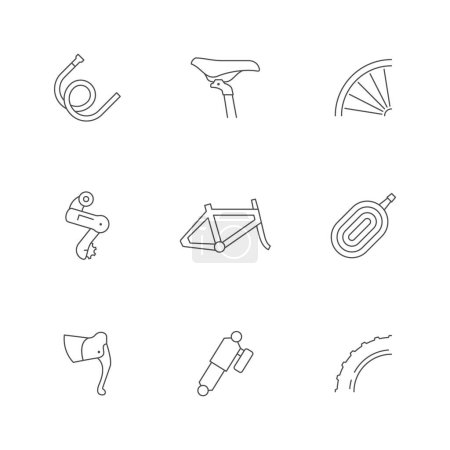 Setzen Sie Zeilensymbole des Fahrradteils isoliert auf weiß. Bremsschlauch, Sattel, Rad, Schaltwerk, Rahmen, Schlauch, Schalthebel, Federung, Reifen Vector Illustration