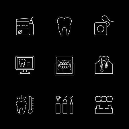 Set line icons of dentistry isolated on black. Irrigator, tooth, floss, x-ray, cyst, dental bridge, oral care. Vector illustration