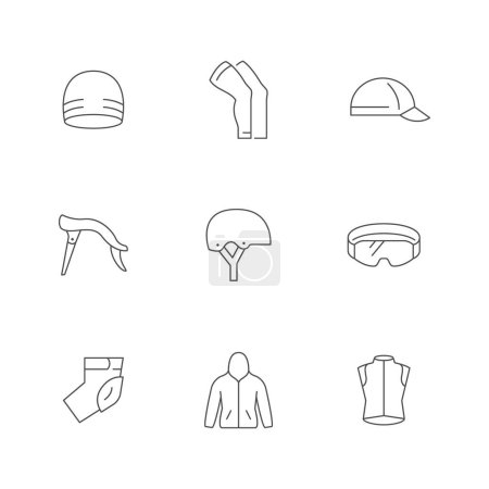 Set line icons of bicycle apparel isolated on white. Hat, leg warmer, cap, neck brace, kids helmet, mtb glasses, elbow pad, rain coat, vest. Vector illustration